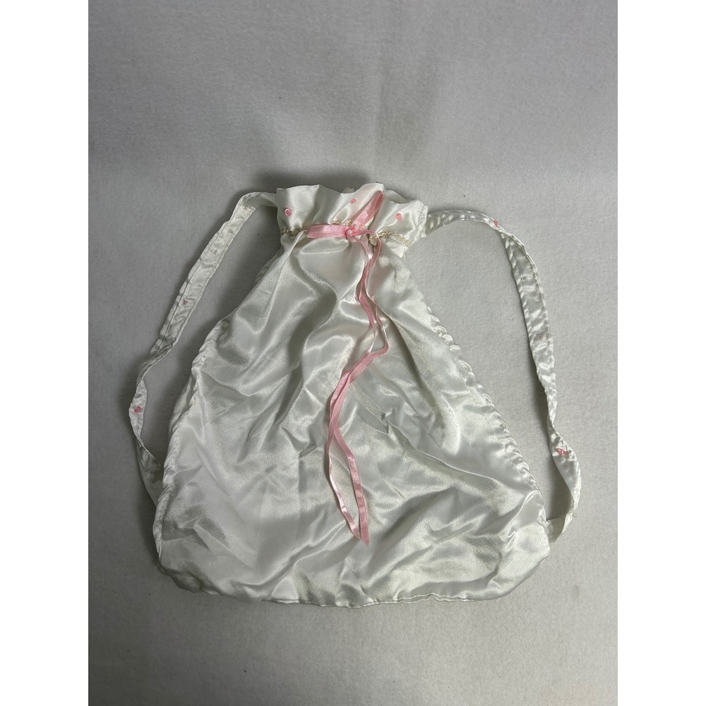 Coquette Balletcore Girls White Satin Pink Ribbon Drawstring Backpack